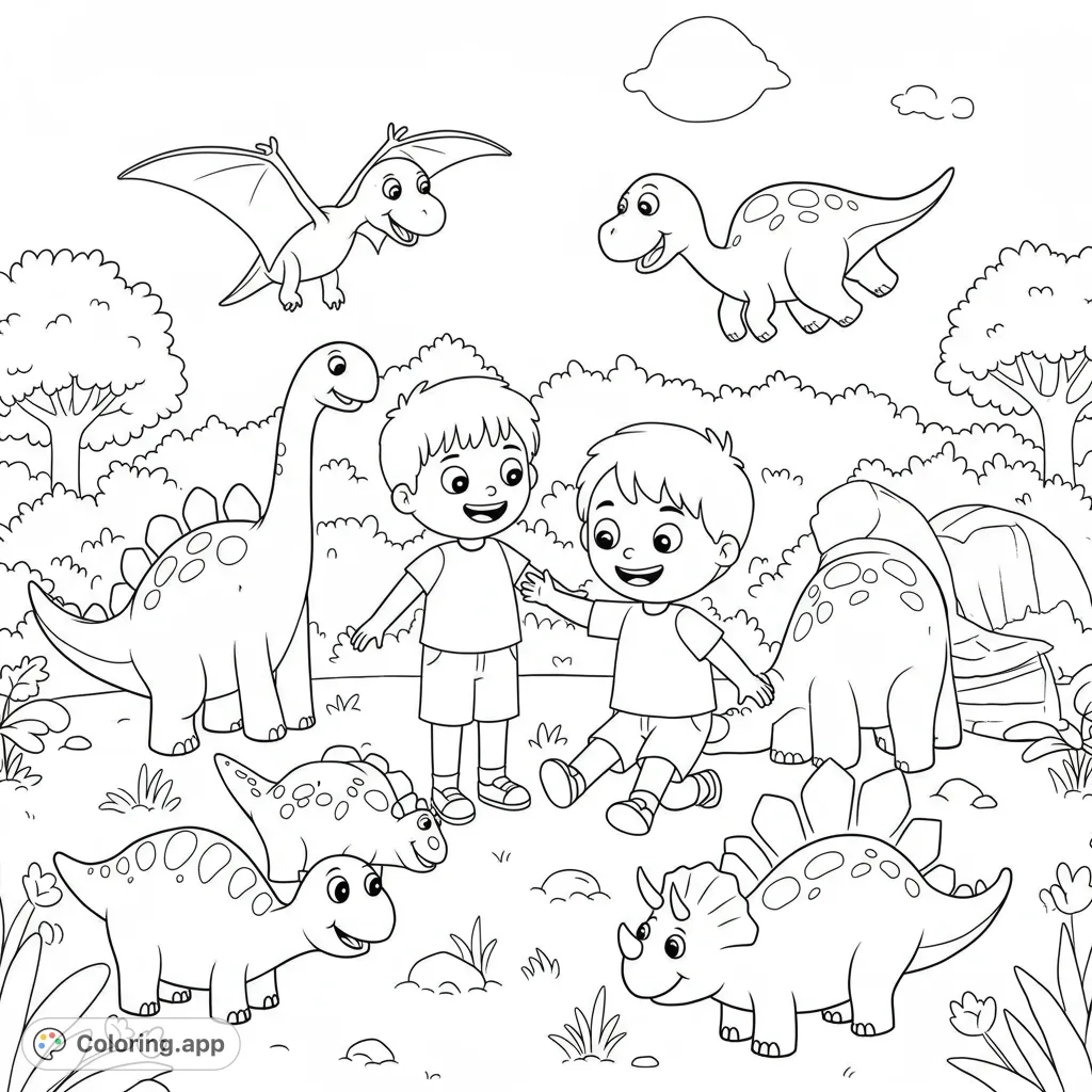 Explore a prehistoric playground! Two happy boys meet friendly dinosaurs, from flying pterodactyls to gentle giants, in a fun, free printable dinosaur coloring page.
