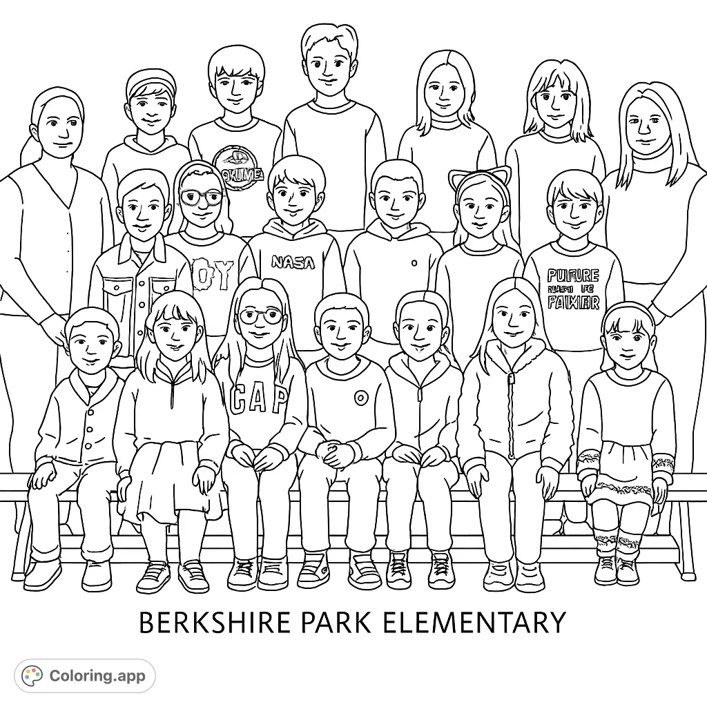 Capture the spirit of community with this school group coloring page, featuring diverse students and adults ready for your creative touch.