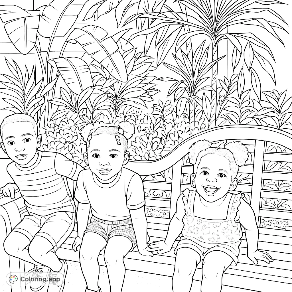 Three happy children on a park bench surrounded by lush tropical plants. A delightful free printable kids coloring page for all ages.