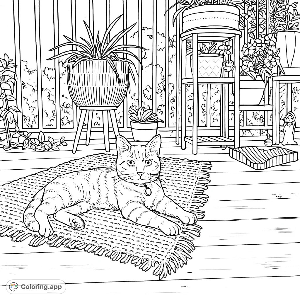 A charming cat relaxes on a rug amidst lush potted plants on a balcony. A delightful free printable cat coloring page for all ages.