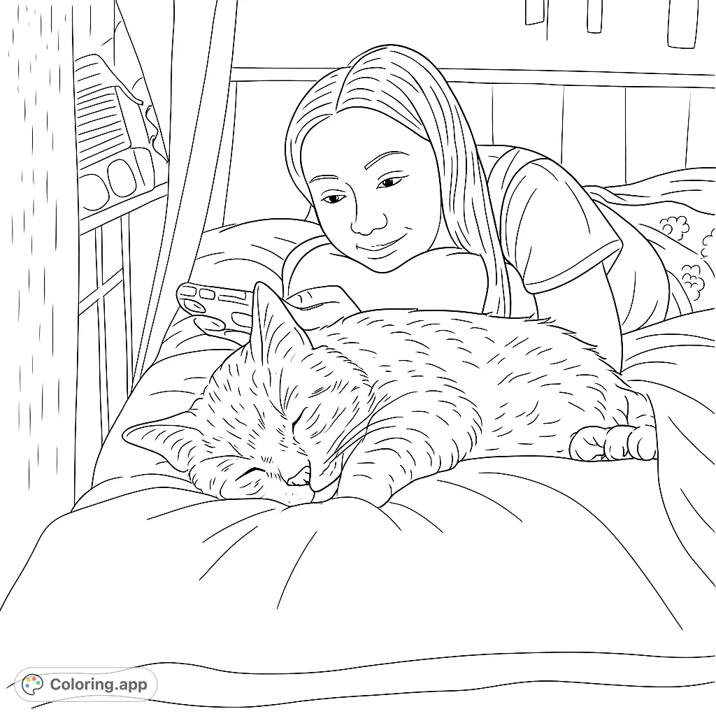 A heartwarming scene of a person gently watching their sleeping cat on a cozy bed. Perfect for a relaxing coloring experience.