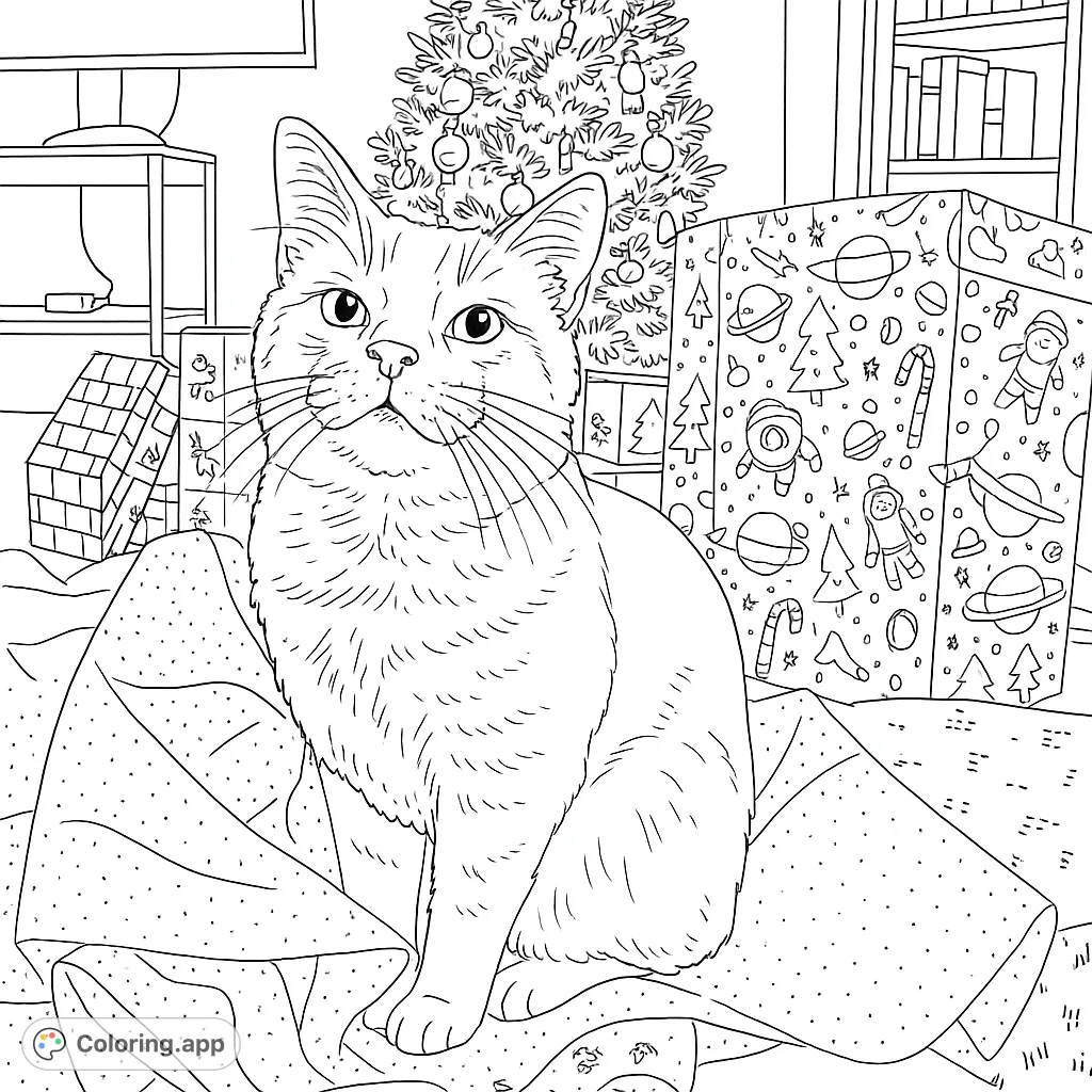 A charming Christmas cat coloring page featuring a cozy feline amidst festive gifts and a decorated tree, perfect for holiday fun.