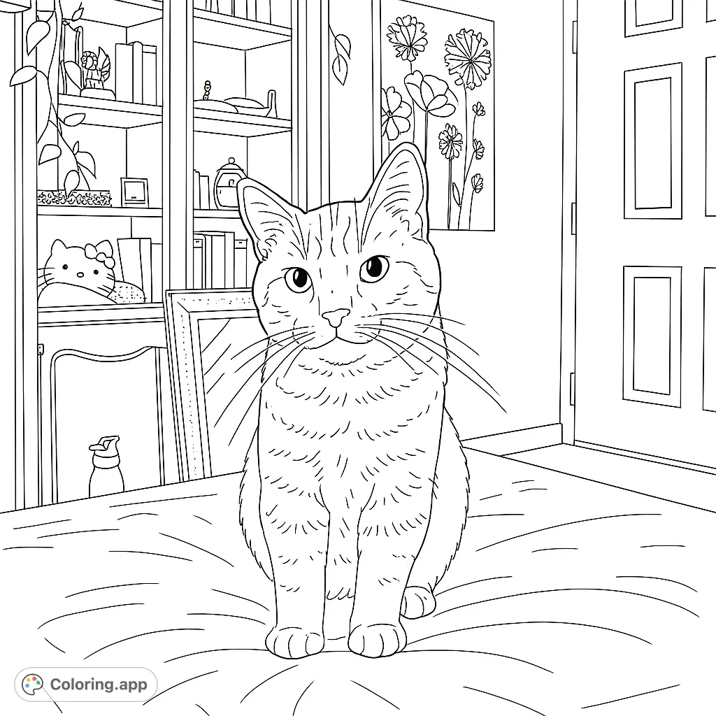 A charming cat sits front and center in a cozy room with a detailed bookshelf, floral art, and a Hello Kitty toy. Perfect for cat lovers!