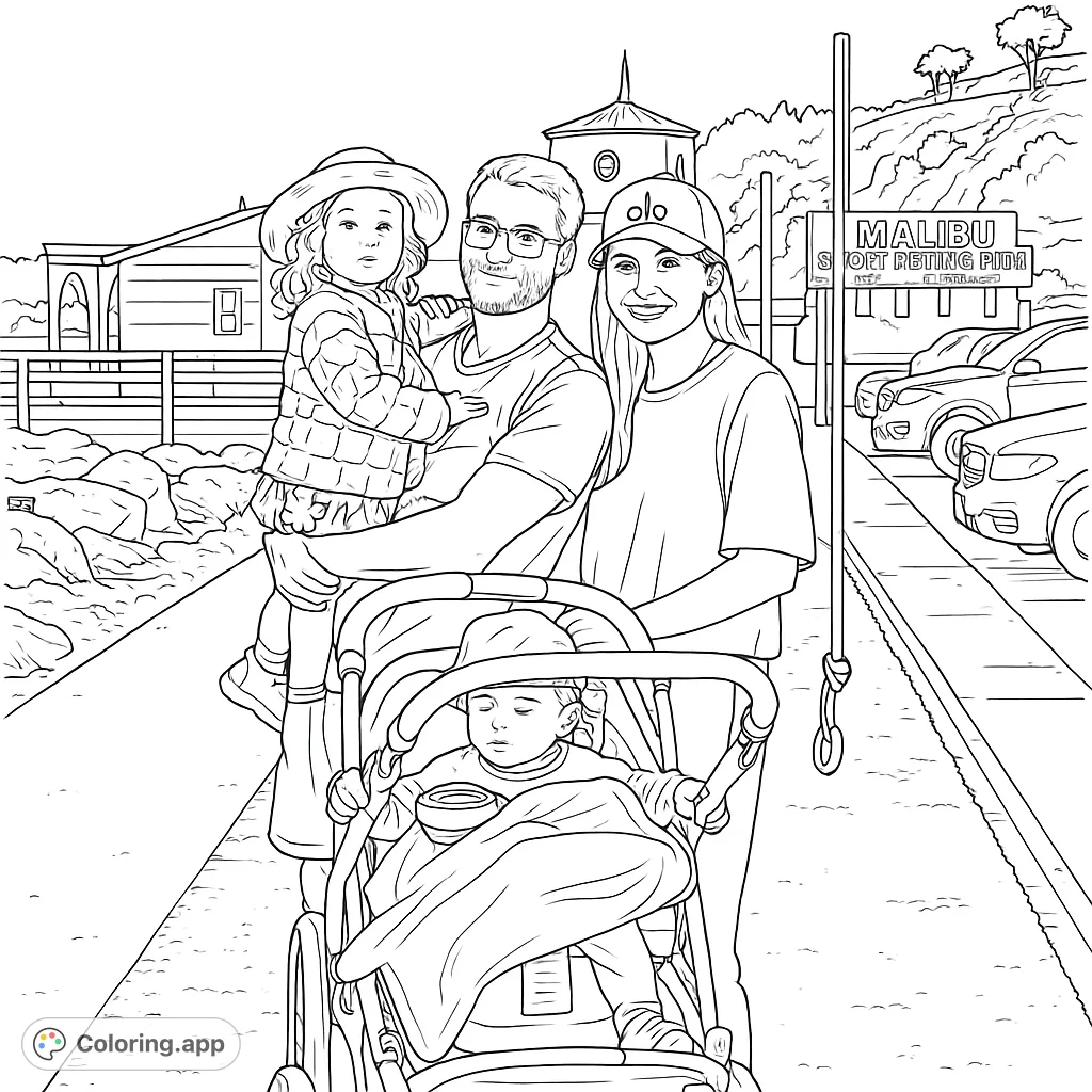 A heartwarming family outing featuring parents, two children, and a stroller by the pier. Perfect for a relaxing family coloring page.