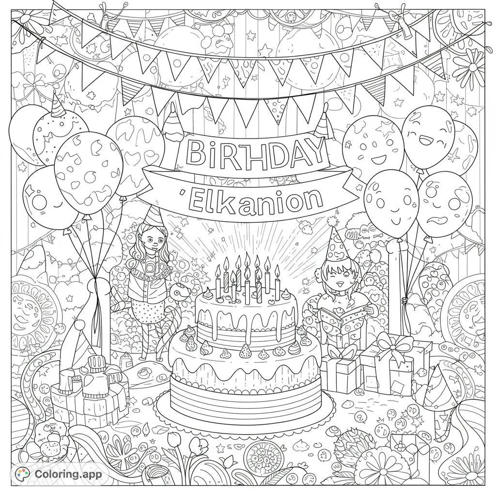 Celebrate with this detailed birthday party coloring page featuring a grand cake, happy children, balloons, and gifts, perfect for festive fun.