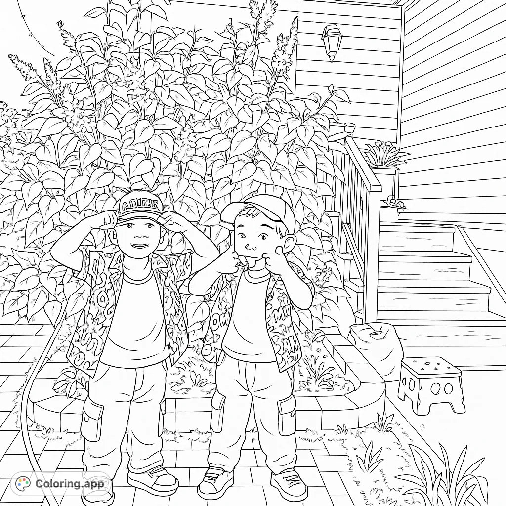 Two playful boys in caps and patterned shirts pose in a vibrant garden scene with a house and stairs. A fun, free printable coloring page for kids.