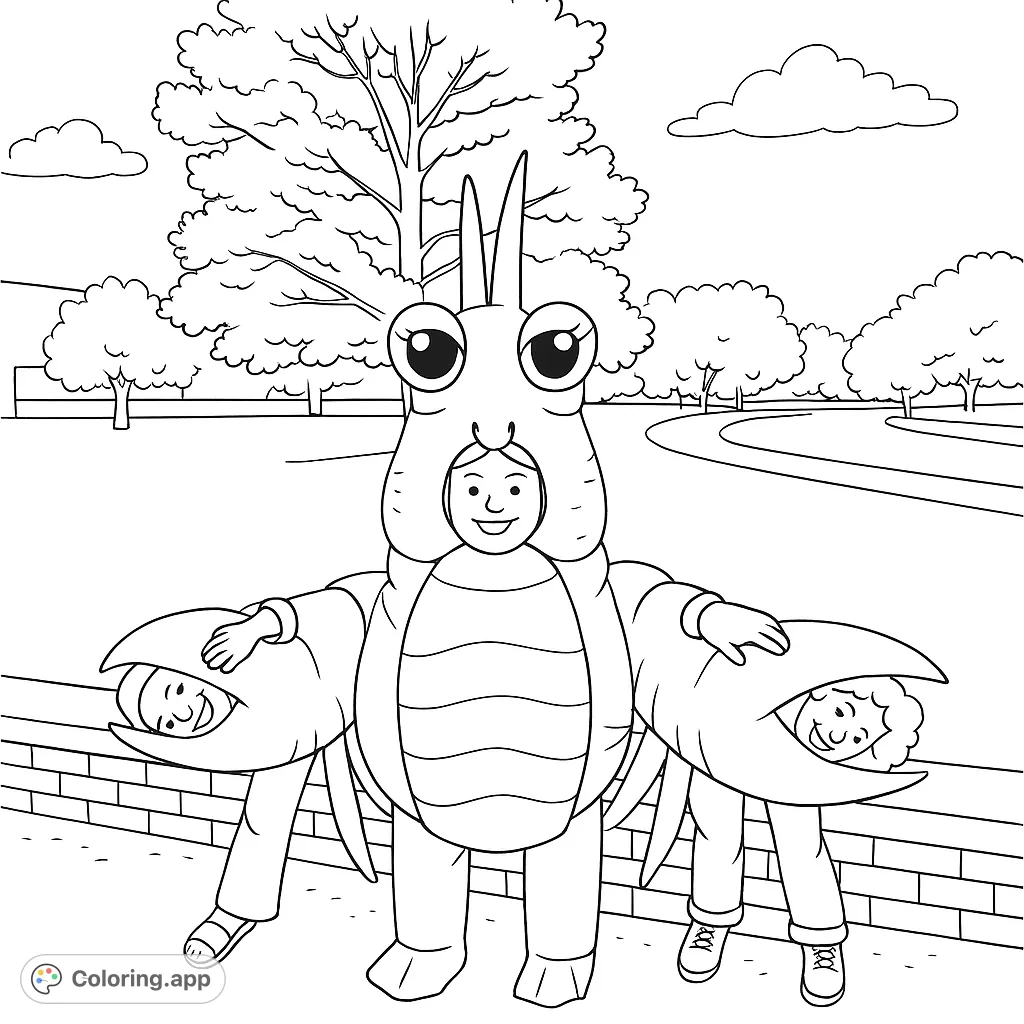 A fun lobster costume coloring page featuring three kids in a playful pose in a park setting. Perfect for a free printable coloring page adventure!