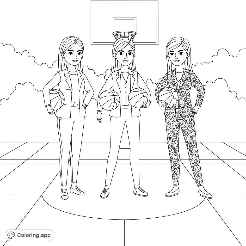 Three stylish women with basketballs on a court, ready for action. A free printable basketball coloring page for all ages, perfect for sports fans!