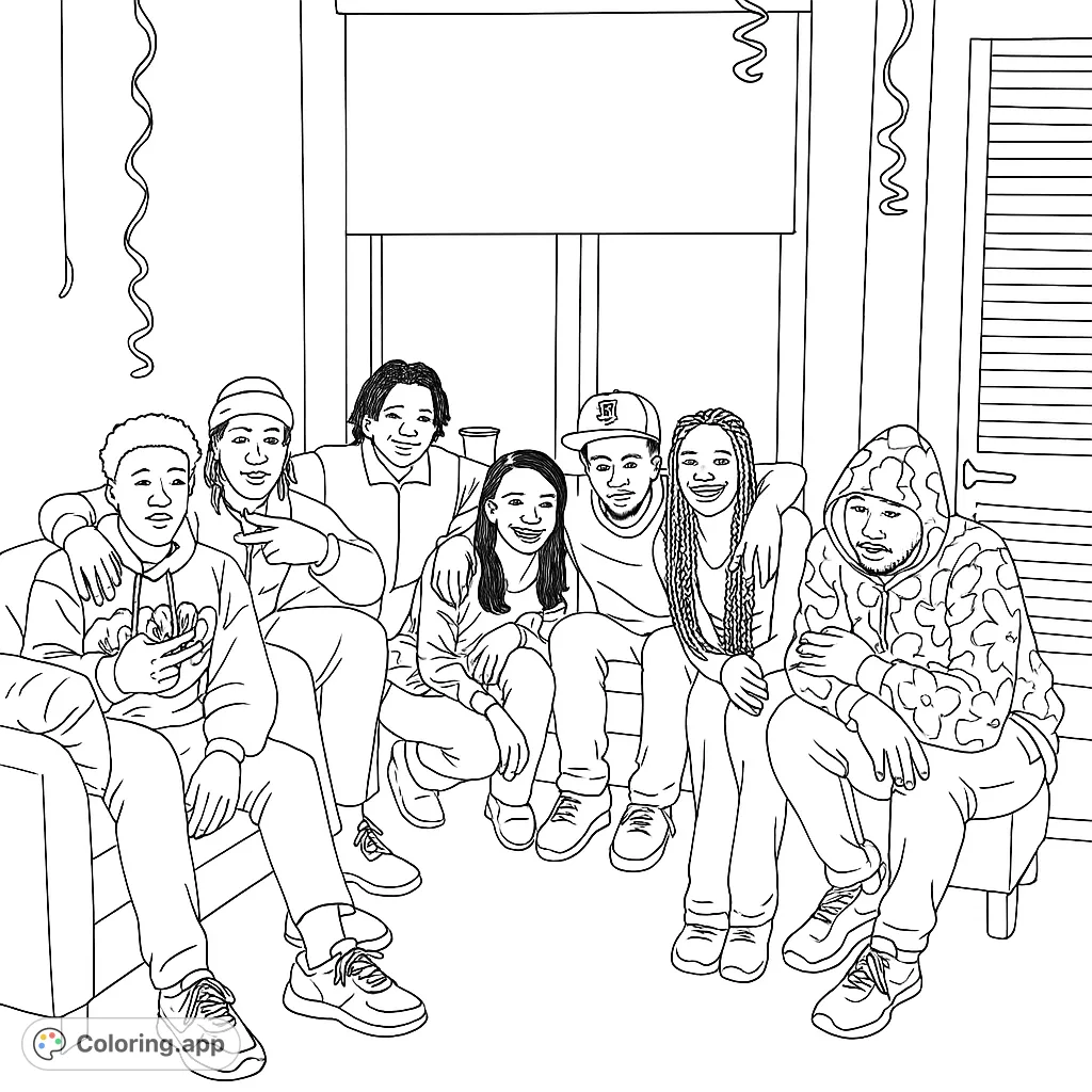 A vibrant friends gathering coloring page featuring six diverse young people smiling and relaxing indoors, perfect for a free printable coloring page.