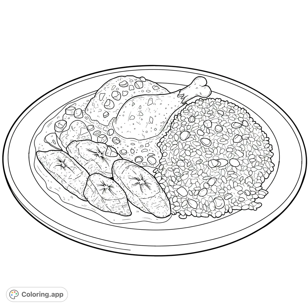 A delicious chicken and plantain meal coloring page, featuring a hearty plate of chicken, rice, and fried plantains. Perfect for foodies and cultural exploration.