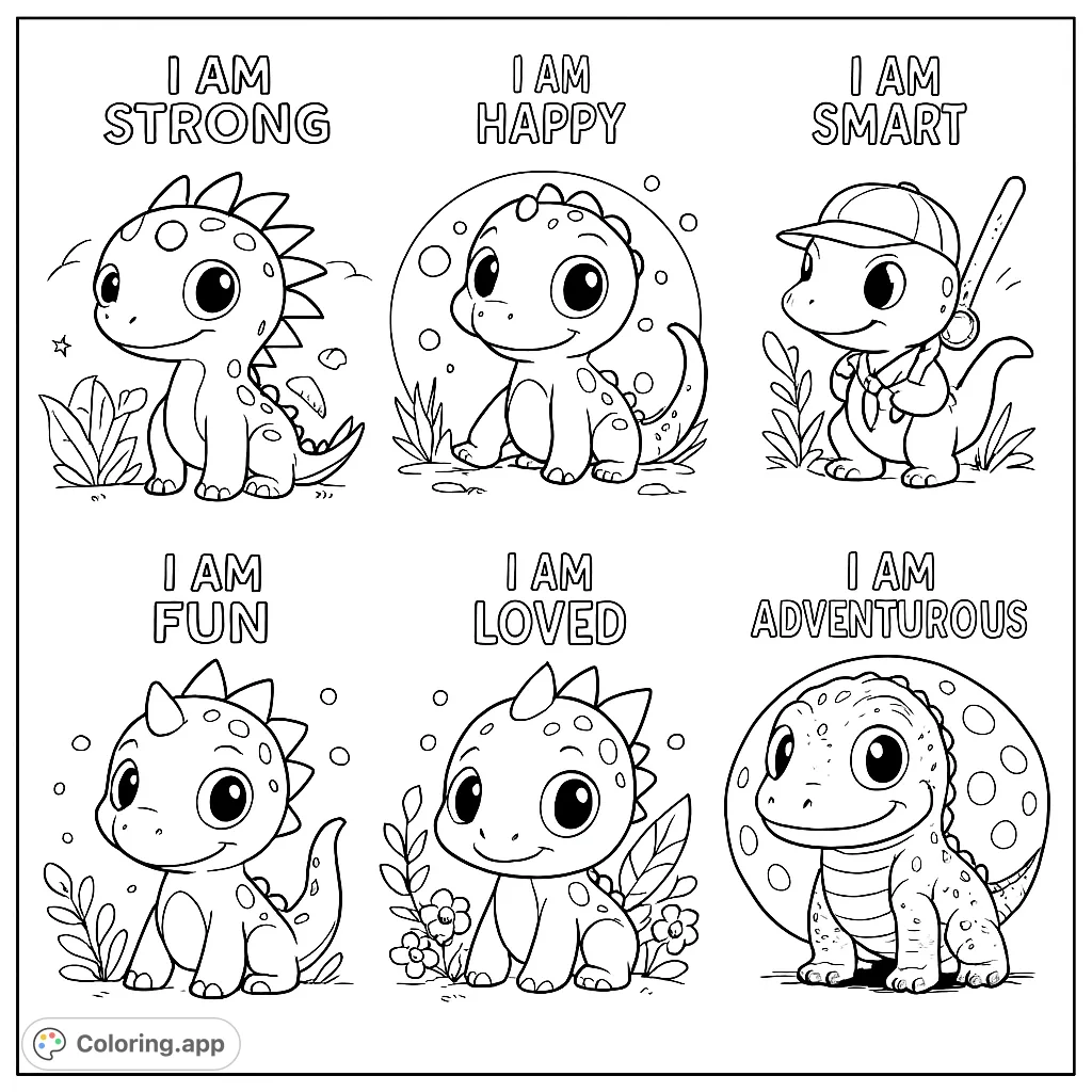Six adorable baby dinosaurs in unique poses, ready for vibrant colors! A delightful free printable dinosaur coloring page for kids and adults.