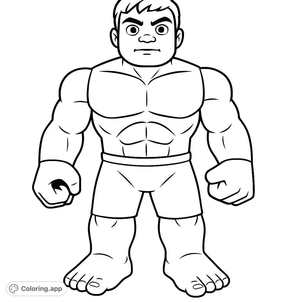 A powerful muscular character stands ready for action. This superhero coloring page features bold lines, perfect for vibrant colors and creative expression.