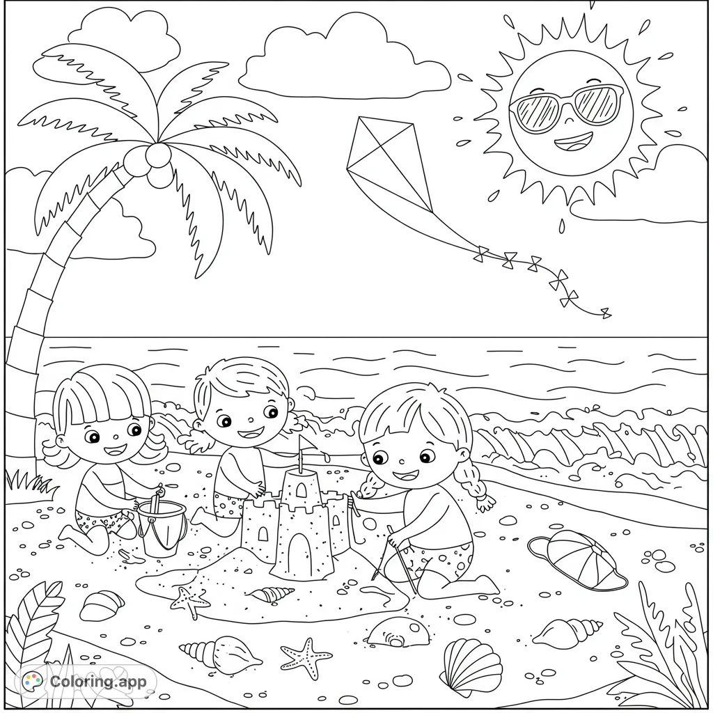 Three happy kids build a sandcastle on a sunny beach with a palm tree, flying kite, and smiling sun. A perfect summer beach coloring page!