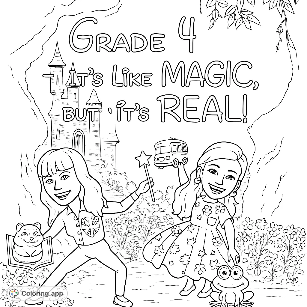 Two girls, castle, magic, and learning. A whimsical Grade 4 coloring page with flowers and fun, perfect for young learners.