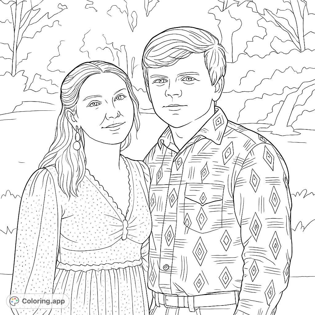 A charming couple stands together in a natural outdoor setting, featuring intricate patterns on clothing and a serene background. Perfect for all ages!