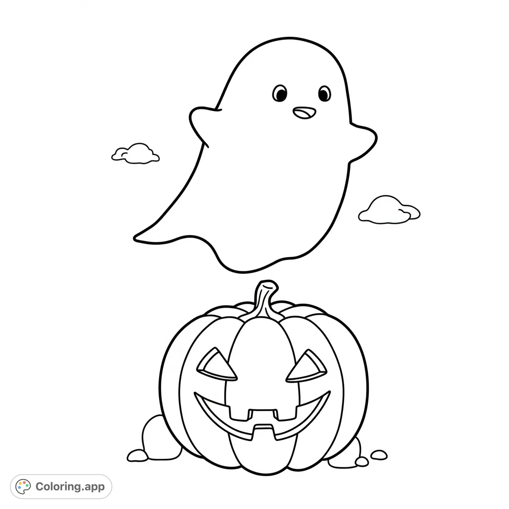 A cute ghost floats above a smiling jack-o'-lantern, perfect for Halloween fun. Free printable Halloween coloring page for kids and adults.