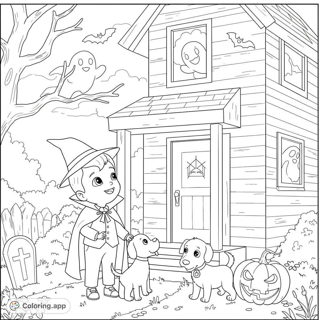 A charming Halloween scene featuring a boy in a witch costume with his two puppies, a spooky house with ghosts, bats, and a jack-o'-lantern. Perfect for festive fun!