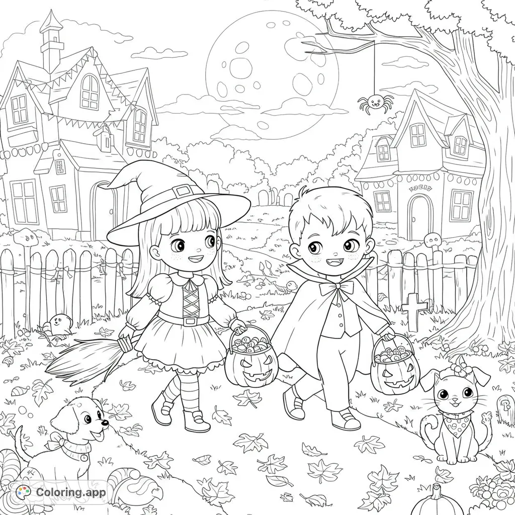 Join a witch and vampire trick-or-treating with their pets under a full moon. A fun Halloween coloring page for kids and adults, full of spooky charm!