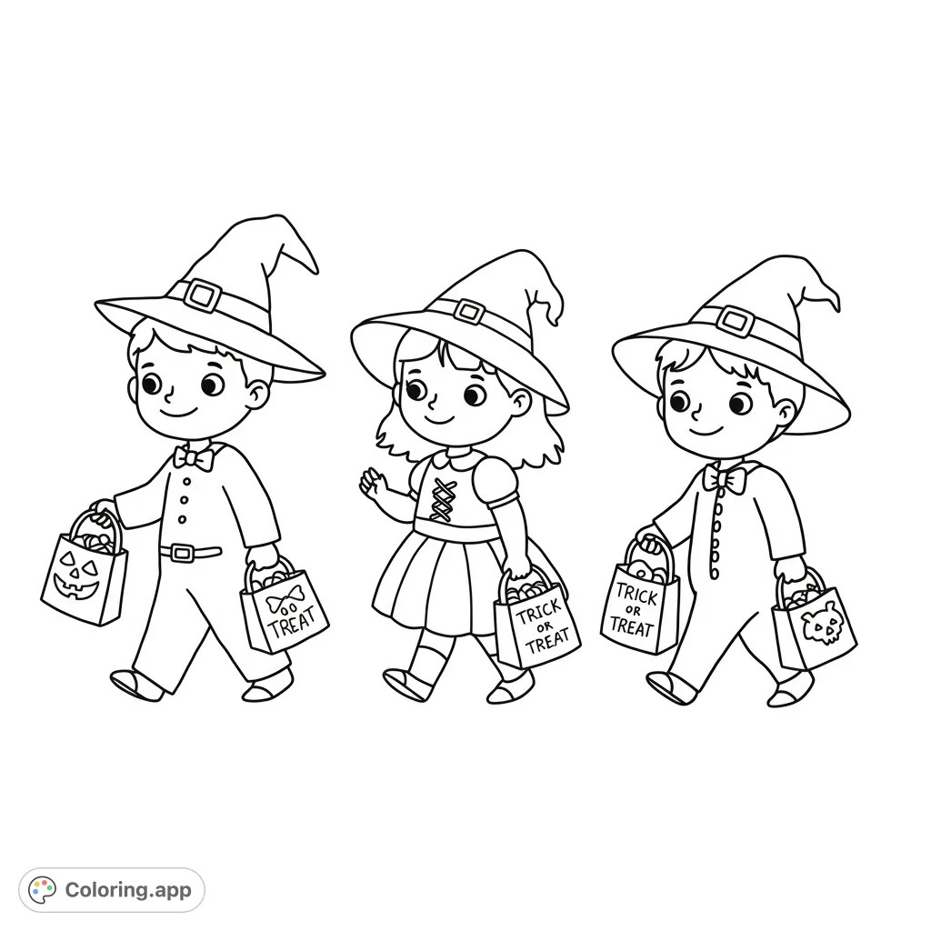 Three adorable kids in witch hats, carrying trick-or-treat bags, ready for Halloween fun. A delightful free printable Halloween coloring page.