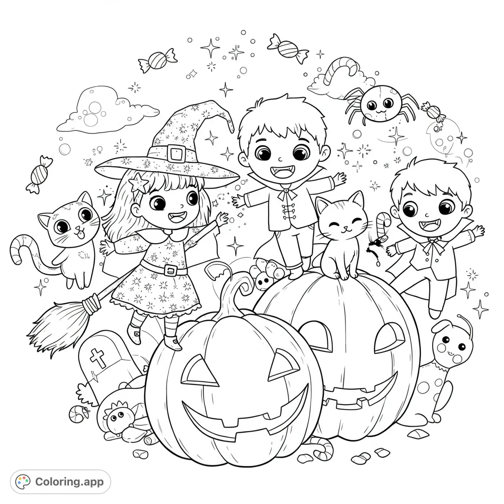 Join a witch, vampires, and their spooky friends for a fun Halloween adventure! This free printable Halloween coloring page is packed with pumpkins, cats, and candy.