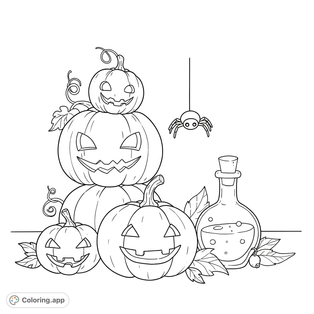 A festive Halloween coloring page featuring a stack of carved jack-o'-lanterns, a bubbling potion bottle, and a friendly hanging spider.