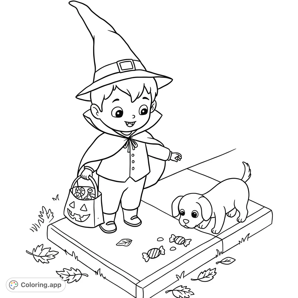 A cute witch boy and his puppy discover fallen candy on a sidewalk, surrounded by autumn leaves. A fun Halloween coloring page for kids.