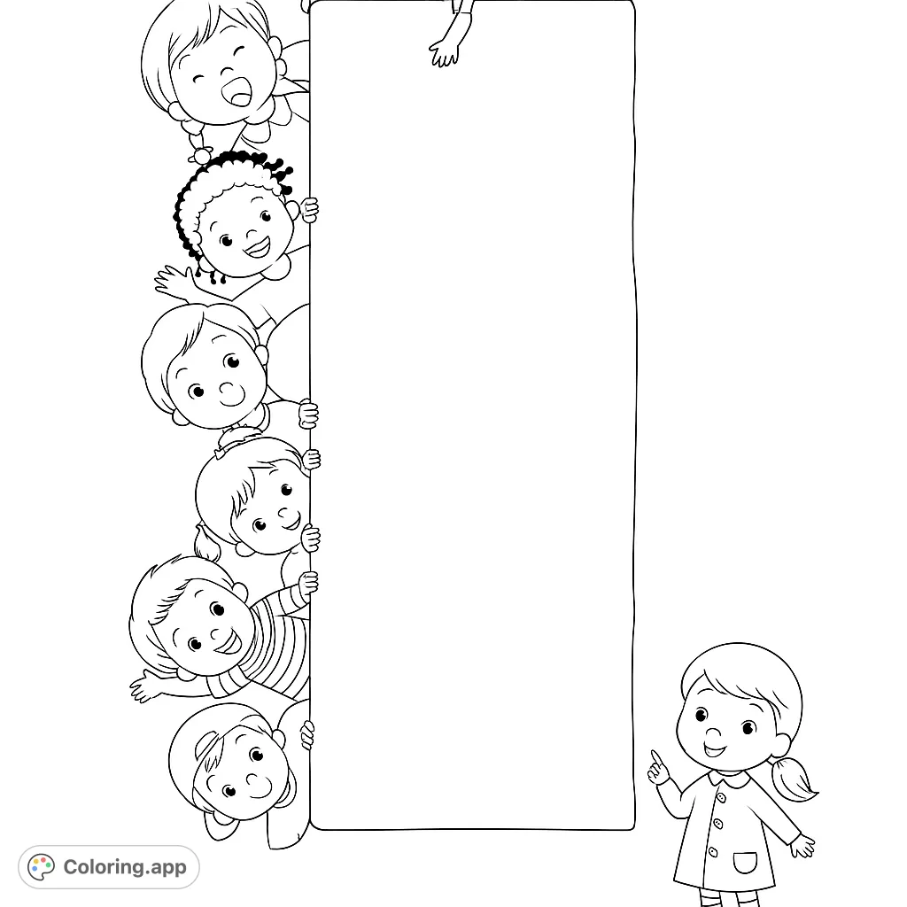Joyful children peek from a large blank banner, ready for your message! A perfect free printable coloring page for kids, ideal for school or party themes.