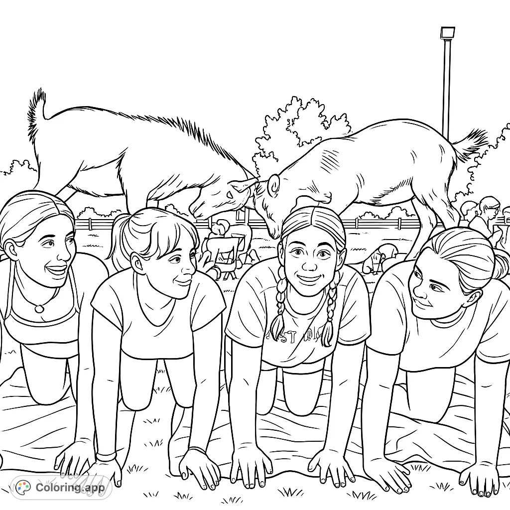 Engage with this farm race coloring page featuring four smiling girls on hands and knees and two large boars in an exciting outdoor scene. Free printable coloring page for kids and adults.