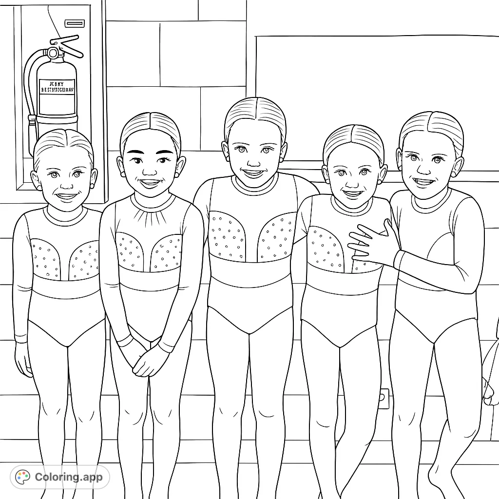Five cheerful gymnasts in patterned leotards pose together, ready for a vibrant splash of color. A fun, free printable gymnastics coloring page for kids!