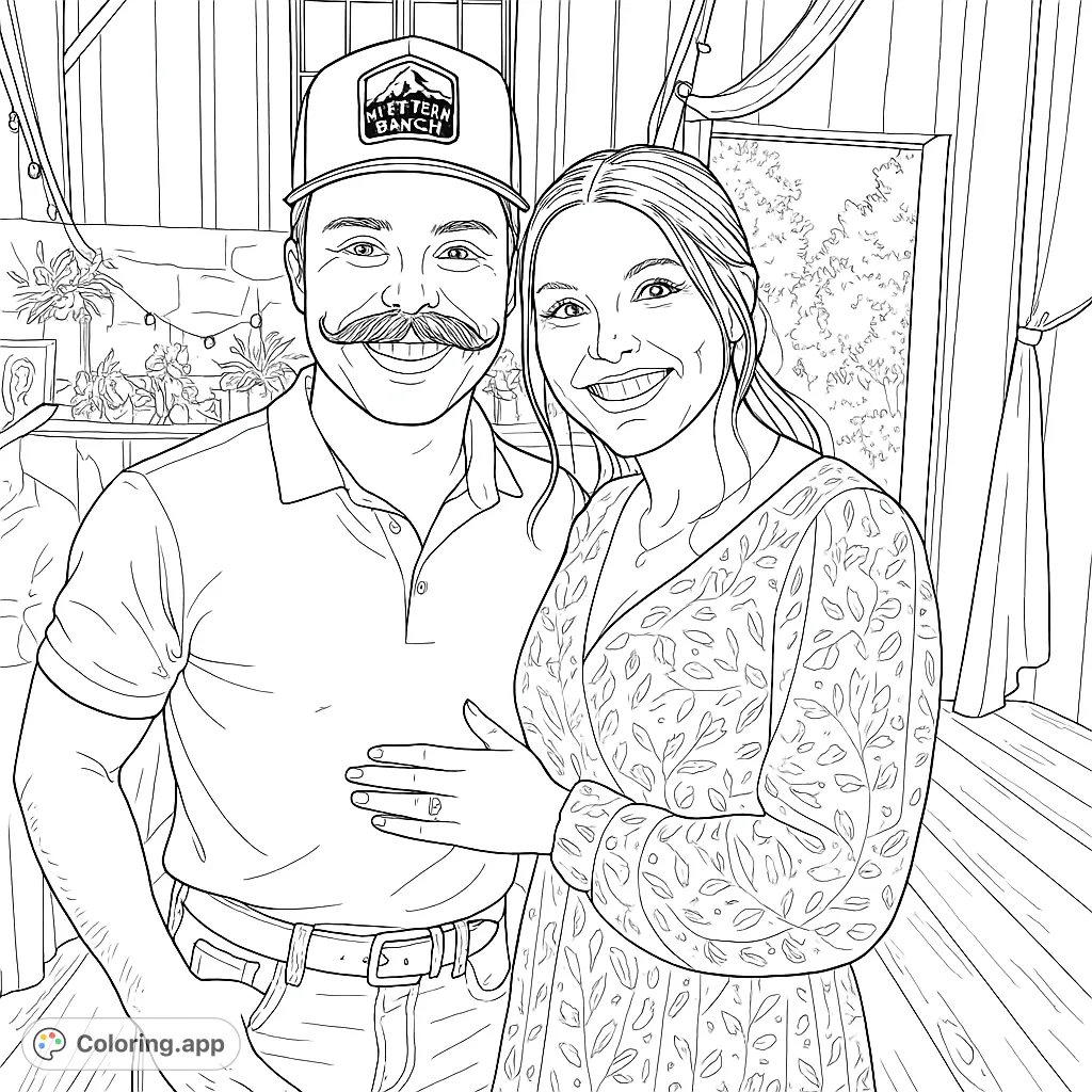 A joyful couple smiles in a rustic setting, perfect for a personalized coloring experience. Features intricate details on clothing and background.