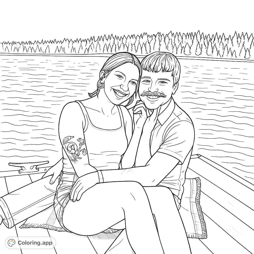 A smiling couple enjoys a boat ride on a serene lake with distant trees. A charming, free printable couple coloring page for relaxation.