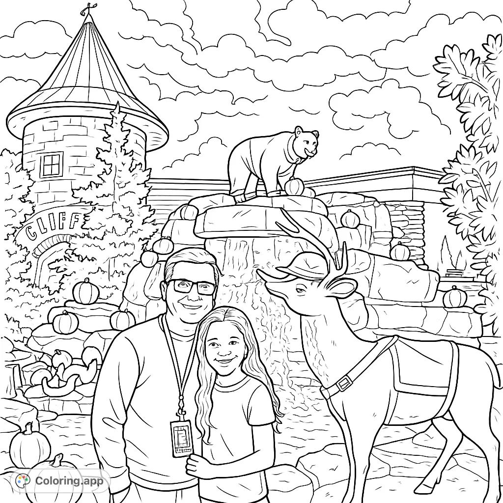 Color a charming scene with a family, playful animal statues, a waterfall, and a rustic lodge, perfect for a cozy mountain adventure.