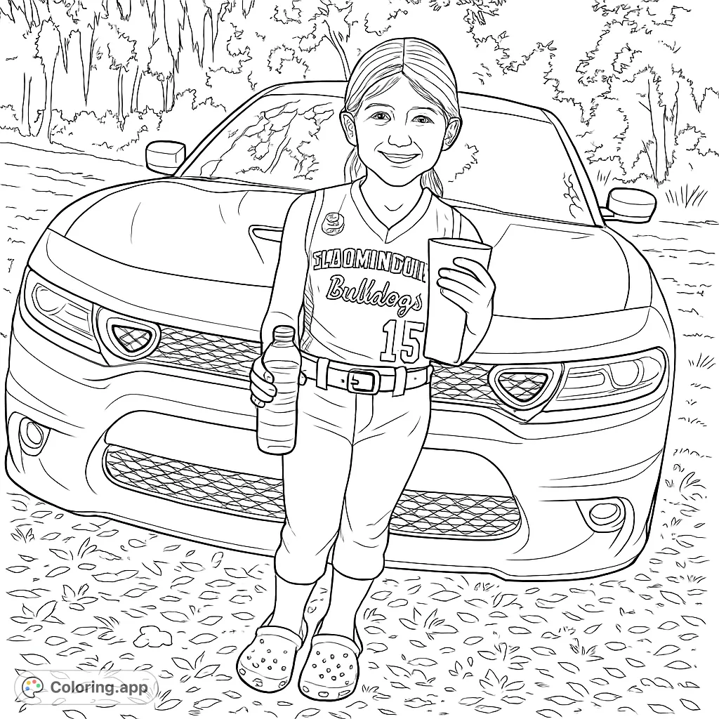 A smiling young girl in a baseball uniform stands proudly in front of a sleek car, holding a water bottle and cup. Perfect for sports fans!