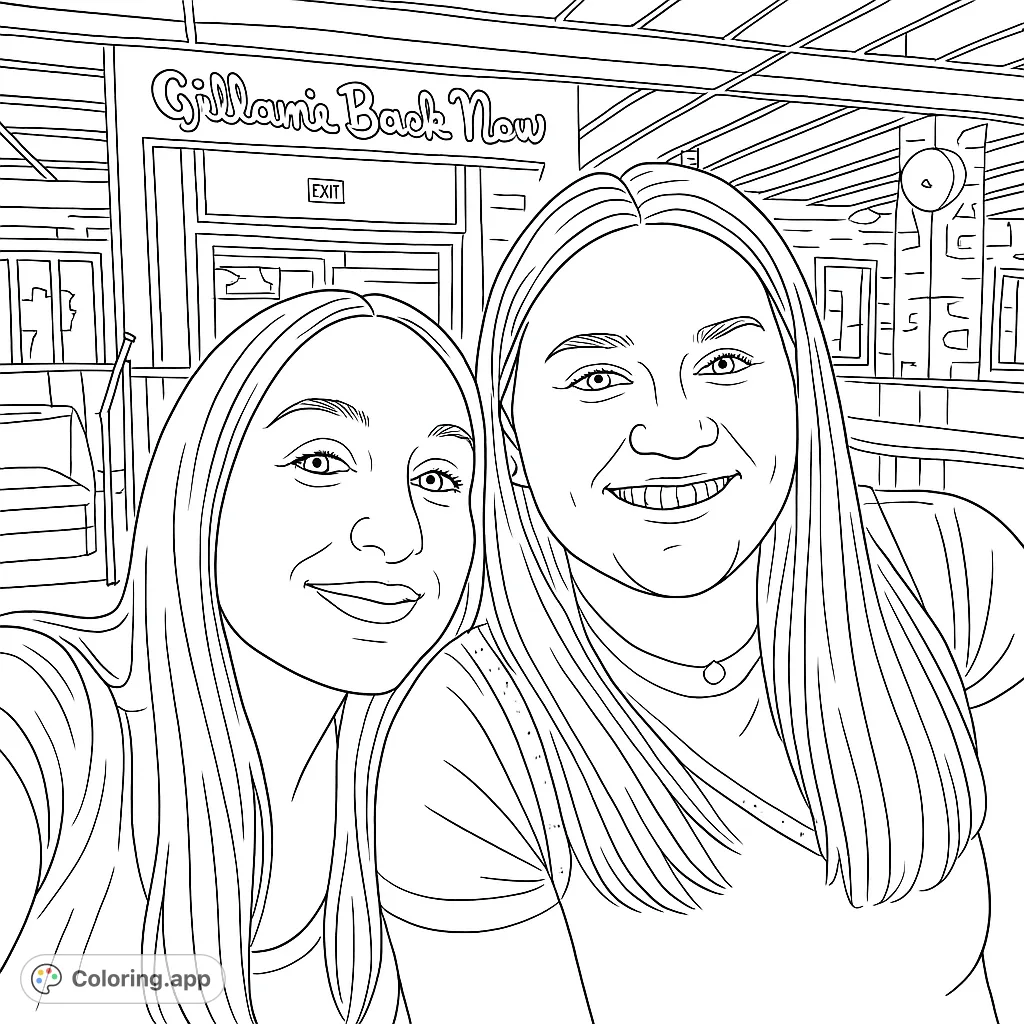 Capture joy with this friends selfie coloring page! Two smiling women pose against a detailed background, perfect for personalizing. A free printable coloring page for all ages.