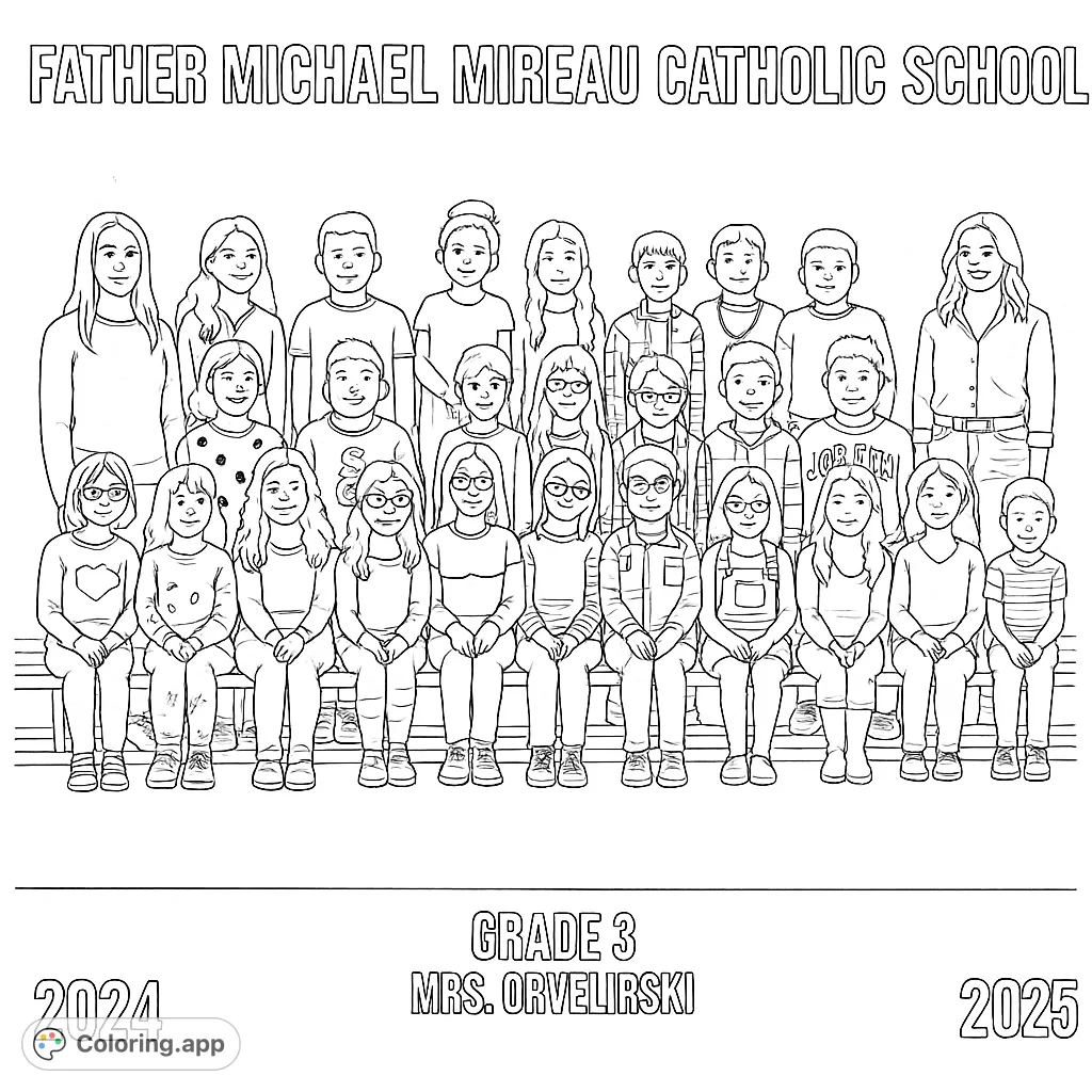 A delightful class photo coloring page featuring a diverse group of students and teachers, perfect for personalizing with vibrant colors.