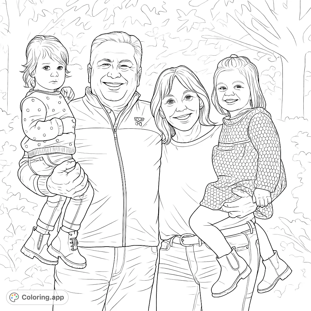 Capture the warmth of family with this heartwarming coloring page featuring two adults and two children. A perfect scene for all ages to enjoy.