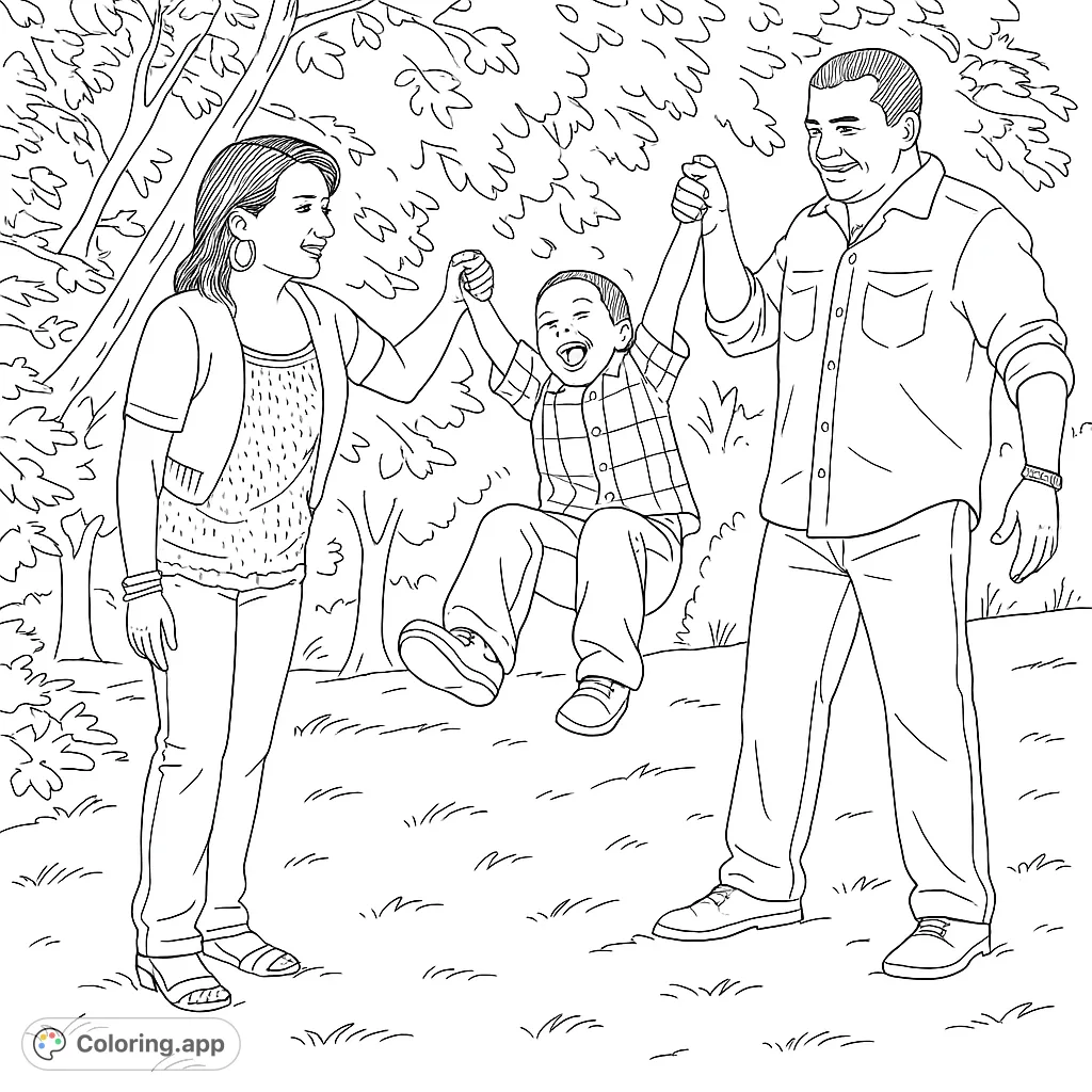 Capture the joy of family fun! A heartwarming family coloring page featuring parents swinging their laughing child outdoors. Perfect for all ages.