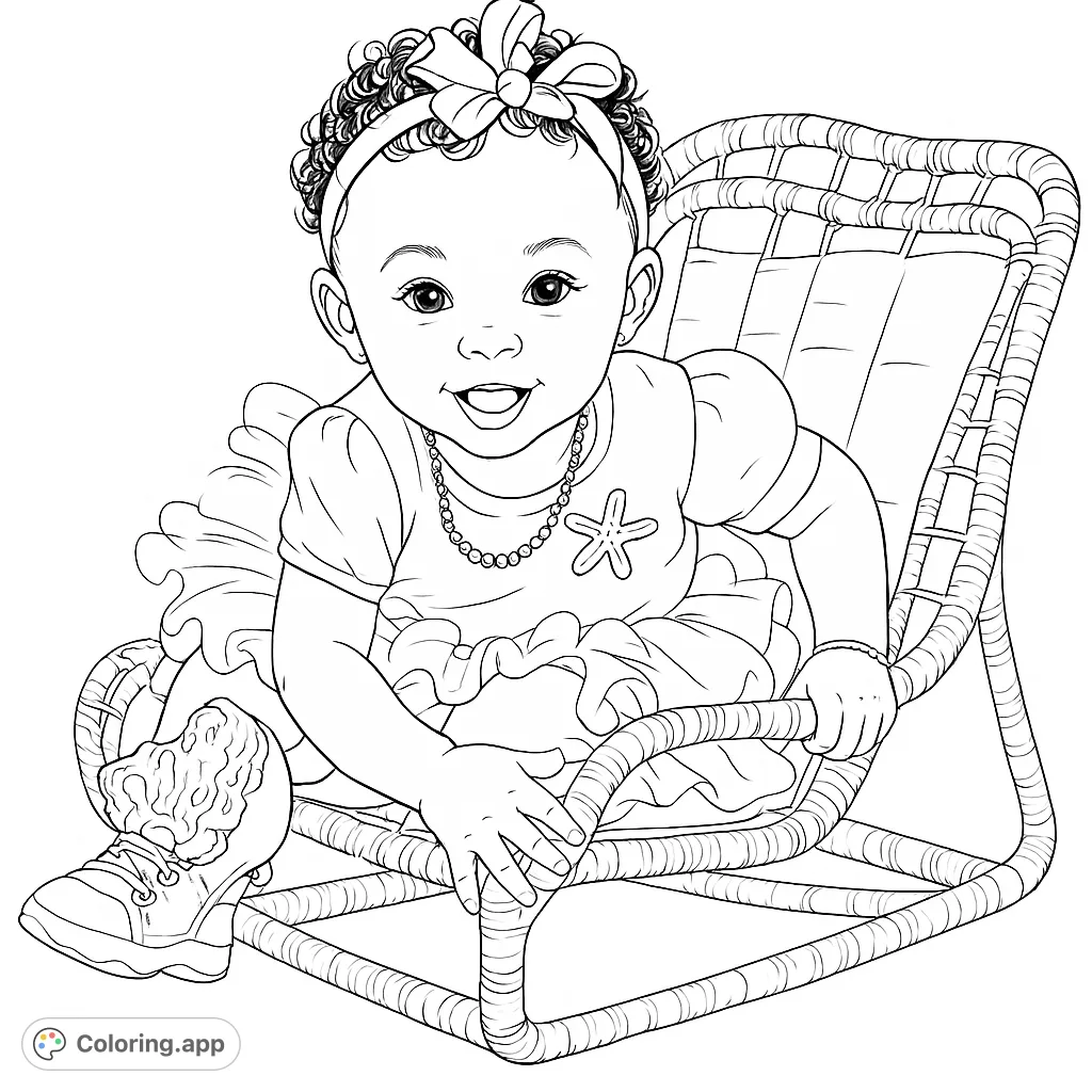 An adorable baby with curly hair and a starfish necklace smiles from a woven chair. A charming baby coloring page for kids and adults.