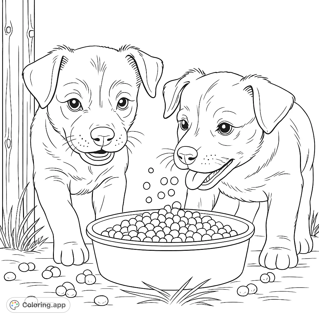 Two adorable puppies eagerly gather around a full food bowl, ready for a delicious meal. A heartwarming scene for all ages to color.