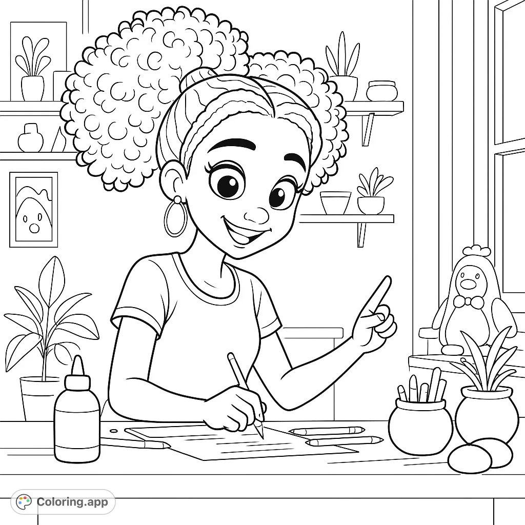 A cheerful girl with curly hair draws at her desk, surrounded by plants and art supplies, pointing upwards with an idea. Perfect for creative kids!