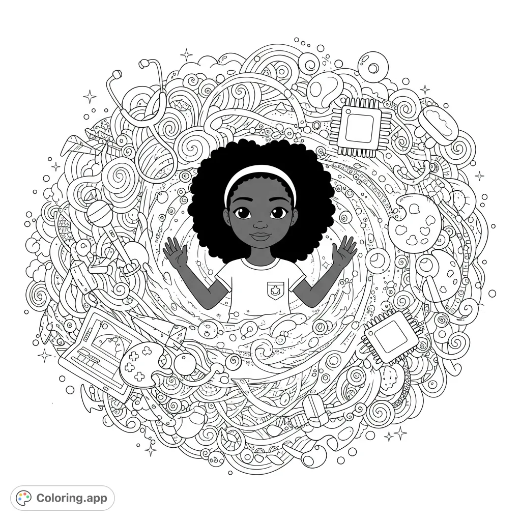 Explore a young girl's world of STEM and art, surrounded by swirling lines and objects like microchips, paint palettes, and rockets. A free printable coloring page for curious minds!