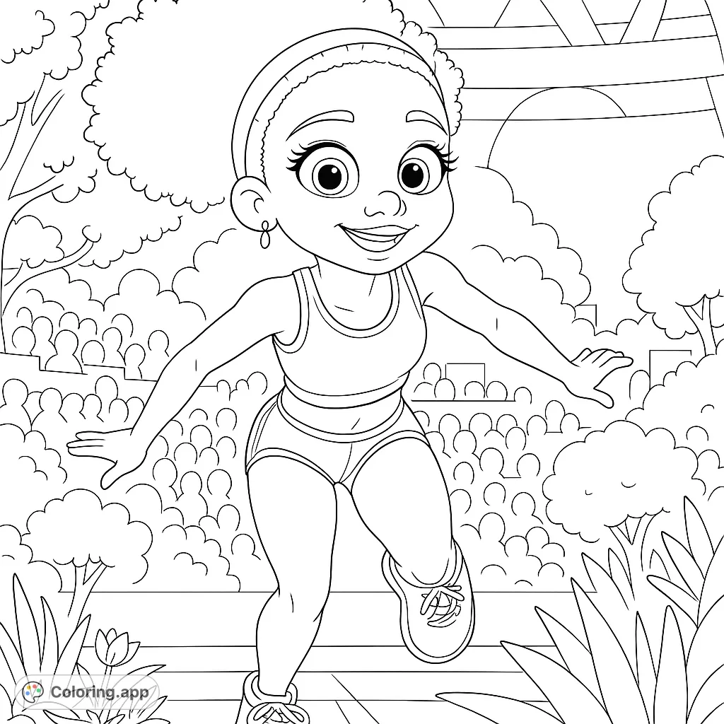 A cheerful young athlete runs on a track, surrounded by a cheering crowd and stadium backdrop. Perfect for sports enthusiasts.