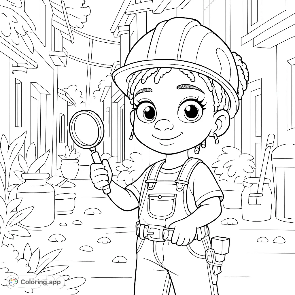 A curious young explorer in a hard hat and overalls holds a magnifying glass, ready for adventure. Perfect for kids to color and imagine!