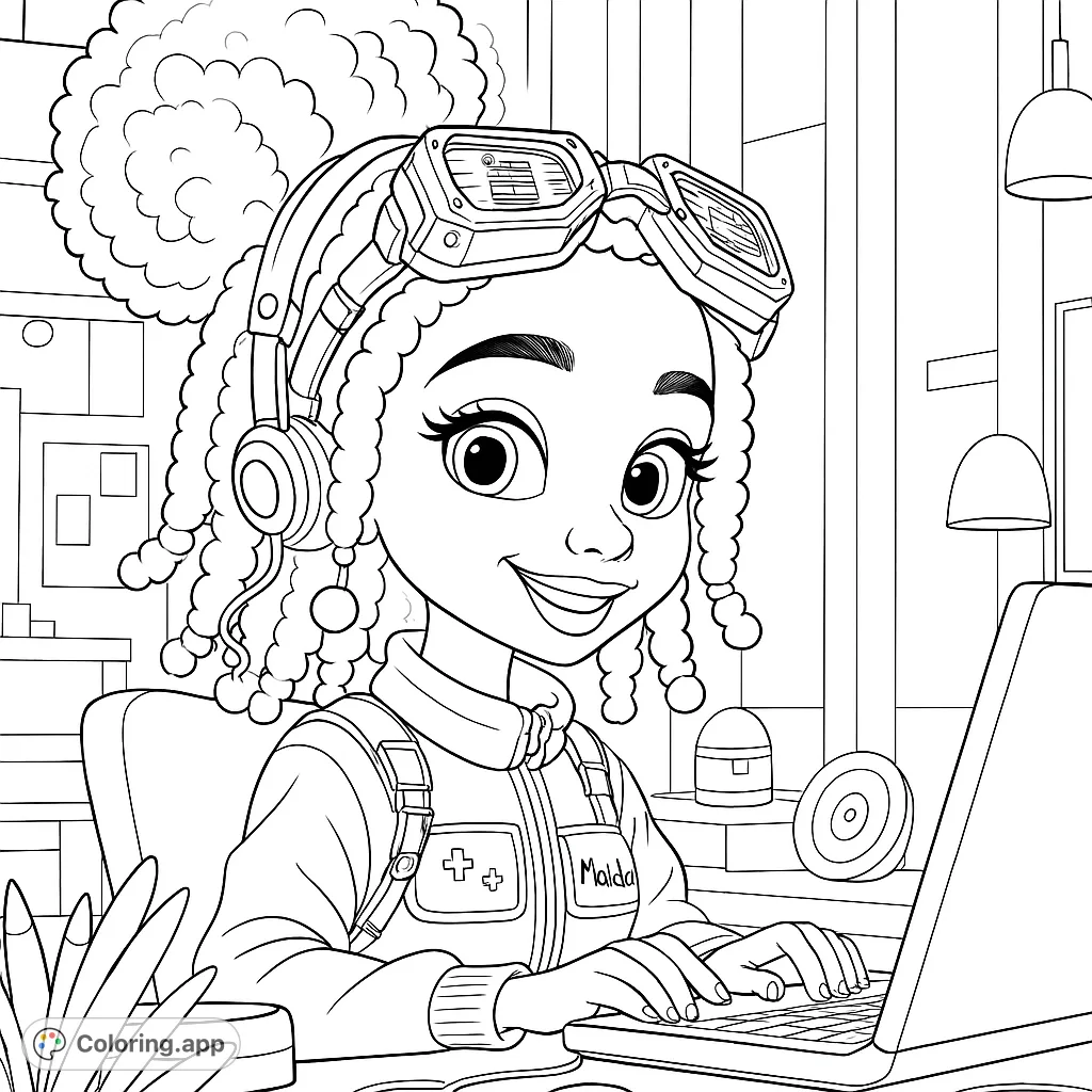 A smiling girl with headphones and goggles types on a laptop, ready for a tech adventure. Perfect for young innovators and aspiring coders!