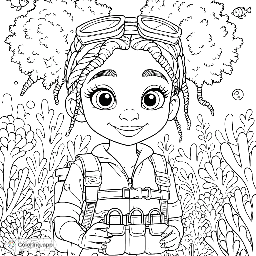 Dive into adventure with this smiling girl explorer, complete with goggles and backpack, surrounded by vibrant underwater plants. A fun, free printable coloring page!