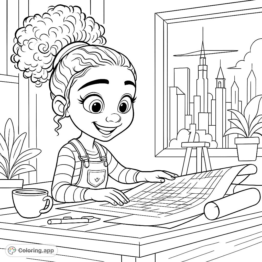 A cheerful young girl explores a detailed blueprint at her desk, with a cityscape view. Perfect for aspiring architects and creative minds!