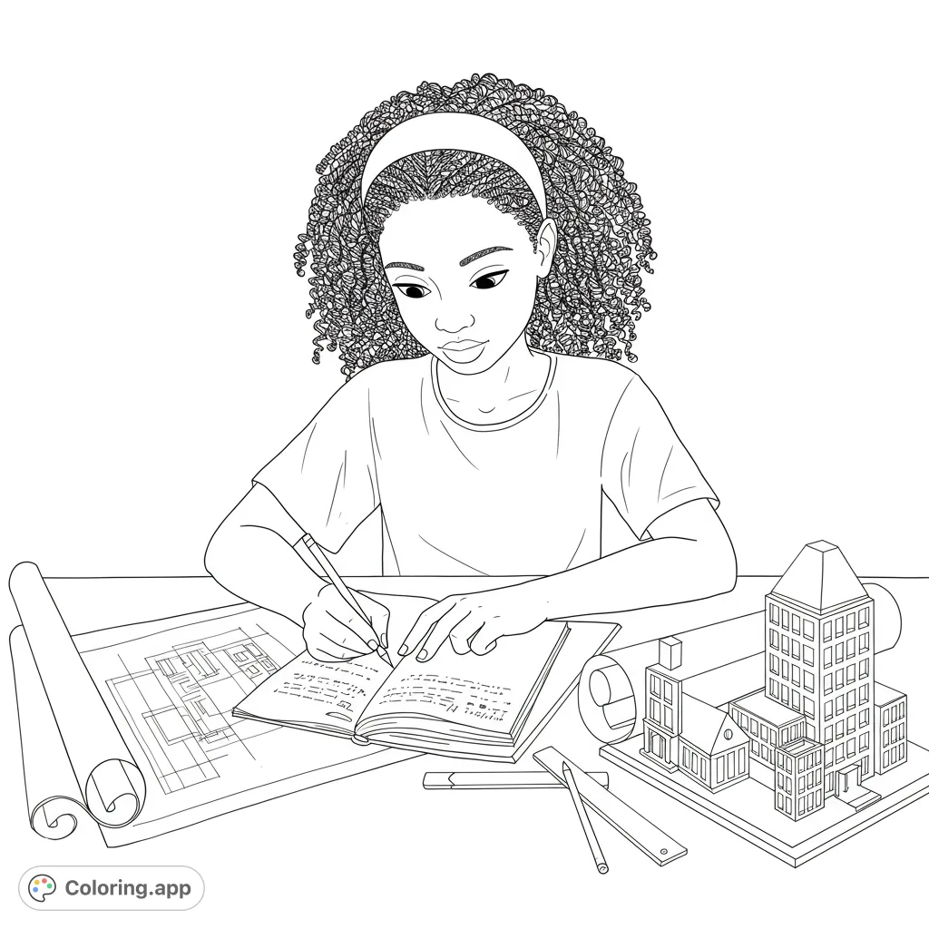 Inspiring young architect coloring page. A student designs buildings with blueprints & models. Free printable, perfect for kids & adults for a creative career exploration.
