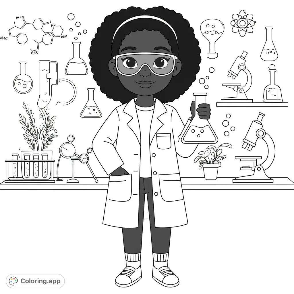 A young scientist in a lab coat and goggles holds a flask, surrounded by detailed lab equipment. Perfect for STEM enthusiasts!