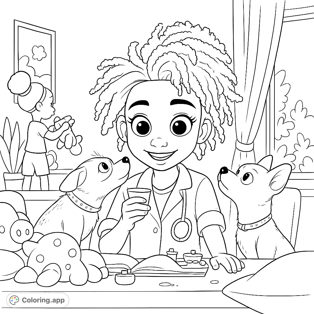 A heartwarming vet coloring page featuring a smiling young vet with her two loyal dog patients, surrounded by playful details. Free printable fun!