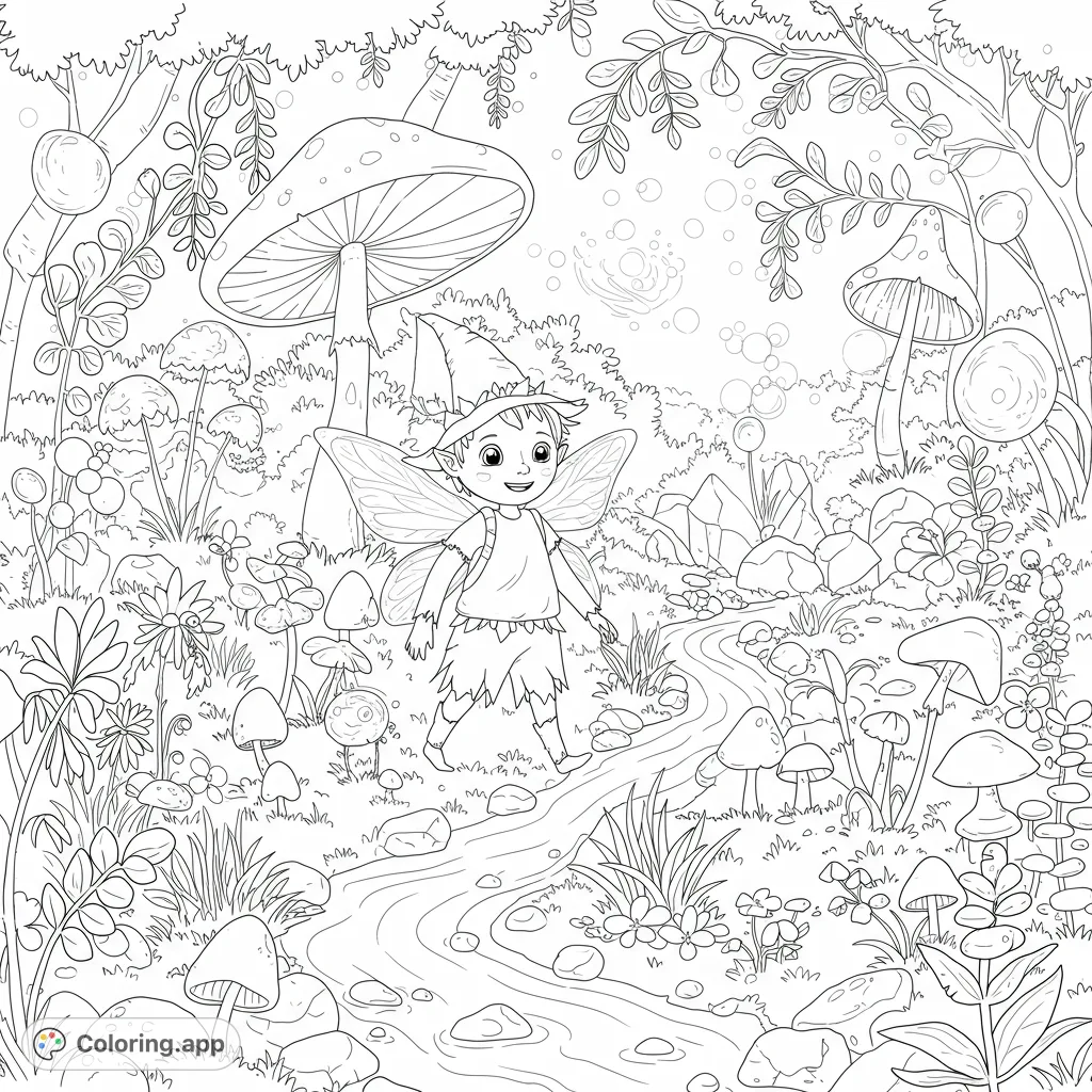 Explore an enchanted woodland with a cheerful fairy, winding stream, and whimsical mushrooms. A magical free printable coloring page for kids.